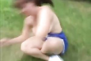 Three breasty milf whores topless outside in the backyard