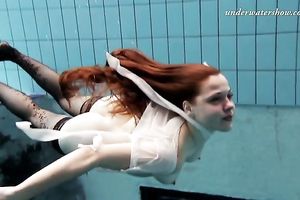 Adorable redhead Russian horny white wife in nylons and underware