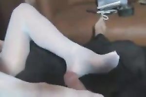 Bright leggy golden-haired sexpot in white nylons provided my buddy with BJ