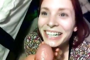 Redhead spinner lets me cum on her face after giving me a hand
