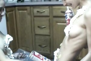 Skinny milf and tiny legal age teenager dark brown in food fetish scene