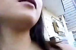 Sexy and slender Asian girlfriend outside nude playing