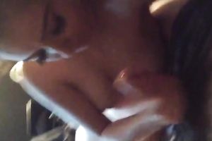 Brunette with consummate large boobies is fond of engulfing my buddy's prick