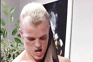 Two ballsy dudes group-sex short-haired thin blonde on the bed