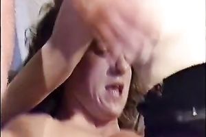 Two ballsy dudes group-sex short-haired thin blonde on the bed