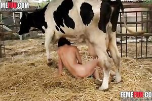 Amateur milkmaid with tattoos needs cow's nipples to tease asshole