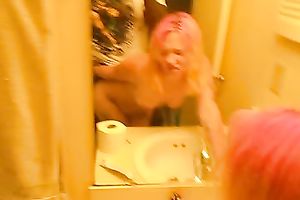 White girl with crazy pink hair getting butt fucked by black bf in bathroom.