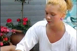 Skinny golden-haired slutty wife gets her body oiled up outdoors