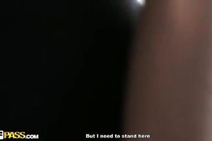 Sexy blond sweetheart shows her arse to a stud and fingers her slit