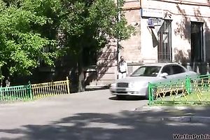 Public pissing solo movie with spoiled golden-haired Irina