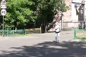 Public pissing solo movie with spoiled golden-haired Irina