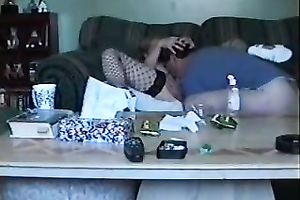 Skanky floozy in fishnet nylons is riding my schlong in cowgirl position