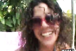 Bosomy black haired jade masturbates hard on recent air