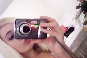 Skinny golden-haired slutwife flashes her miniature breasts in selfshot solo movie