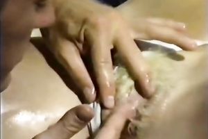 Slutty golden-haired beauty acquires her vagina gangbanged well after giving a oral sex