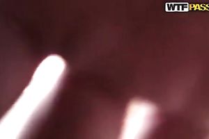 Chick with an outstanding body receives her bald snatch team-fucked on the balcony