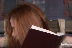 Neat redhead with large natural milk cans is fastened hand and foot