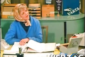 Busty brunette hair cutie strokes shlong and makes him cum on her chin