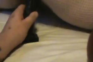 My aged white hotwife in white fishnet outfit masturbates