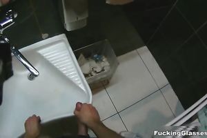 Busty gal blows and receives drilled in a public bath