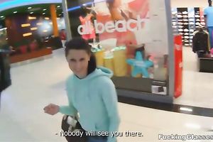 Busty gal blows and receives drilled in a public bath