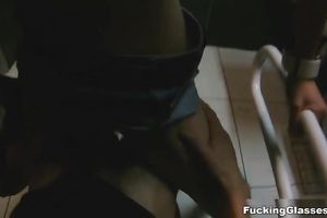 Busty gal blows and receives drilled in a public bath