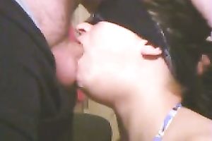 Blindfolded hottie sucks my pecker and licks my balls