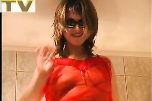 Beautiful housewife in red slutty suit craves to make water on web camera