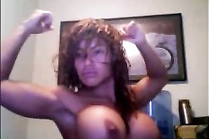 Sporty livecam model with hirsute hair shows off her large fake boobs