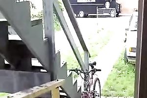 Blonde girlfriend playing with herself outside on the front yard