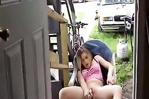 Blonde girlfriend playing with herself outside on the front yard