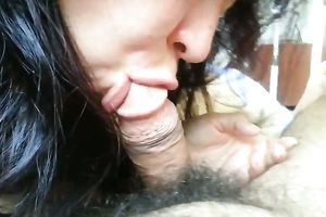 Brunette slut sucks my plump dong in advance of taking it in her nonshaved vag