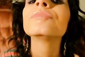 Beautiful dark brown eats cum and shows her marvelous tongue