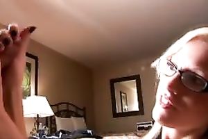 Nasty and sexy blond milf in glasses strokes a shlong on POV movie scene