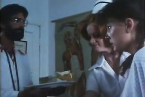 Kinky gyno doctor examines bushy cum-hole of one lascivious patient