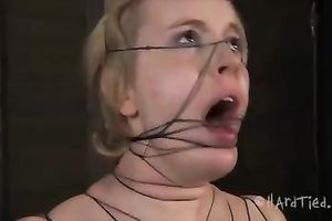 Poor blond white bitch bounded with threads got her love tunnel toyed