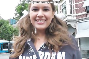 Cute brunette hair legal age teenager fucks a lascivious man outdoors after putting on hawt underware