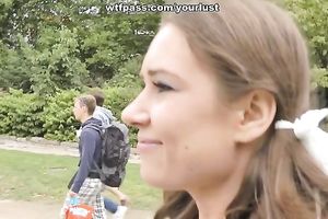 Cute brunette hair legal age teenager fucks a lascivious man outdoors after putting on hawt underware