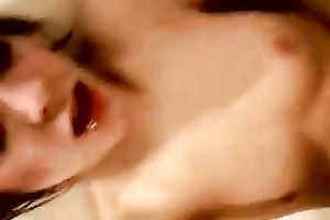 Slim dilettante dark brown toys her smooth love tunnel in the washroom