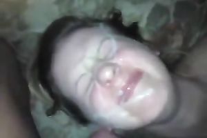 My lustful wifey sucks my weiner and gets her face overspread with cum