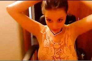 Stunning white brunette hair flashes her large natural boobies