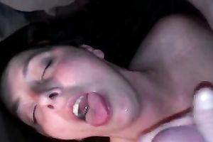 Marvelous white dark brown milf gets her face overspread with drops of cum