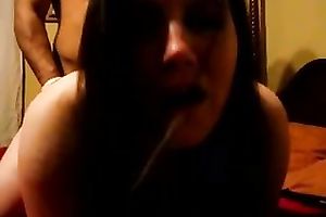 Dark-haired hottie moans sweetly during the time that I fuck her slit from behind