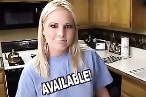 Cute blond girl gives her hubby oral-job in kitchen