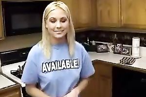 Cute blond girl gives her hubby oral-job in kitchen