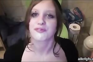 Chubby dilettante dark brown eats the cum which that babe receives on her face