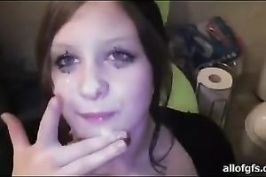 Chubby dilettante dark brown eats the cum which that babe receives on her face