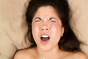 Luscious brunette hair seductress want to get a facial spunk flow
