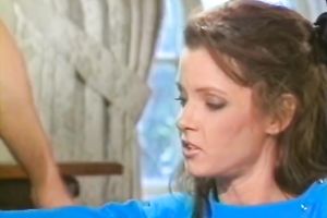 Vintage bitch in white nylons receives drilled on a table