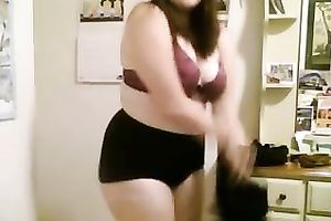 Chubby geek honey receives nude in her room and caresses her obese body